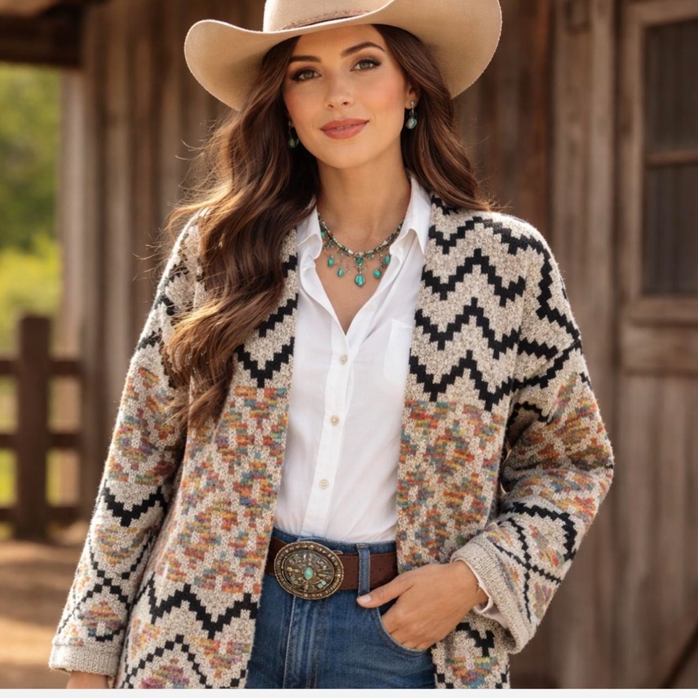 Aztec Patterned Long Open Cardigan - image 1